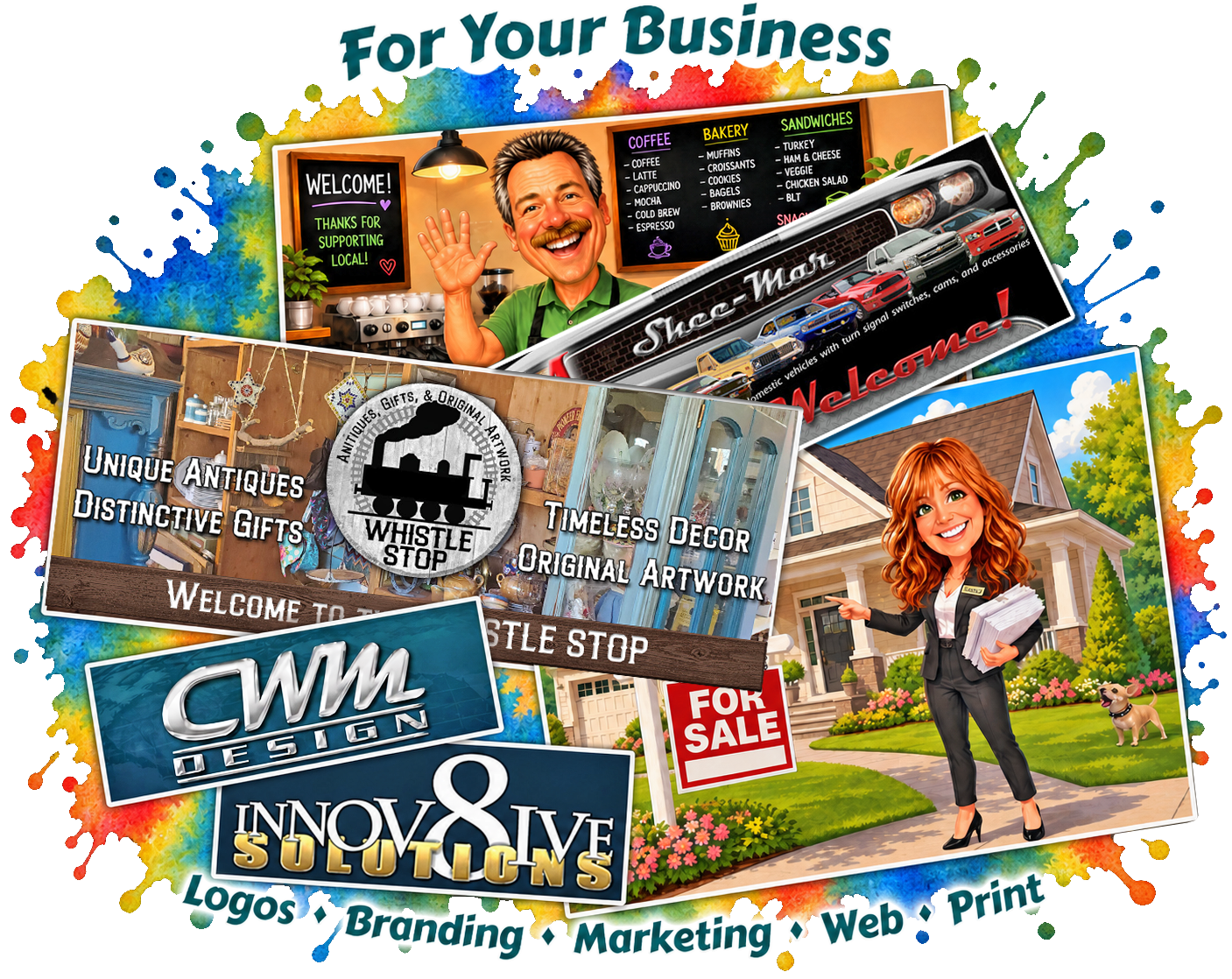 Graphic design examples for small businesses including marketing, branding, web and print