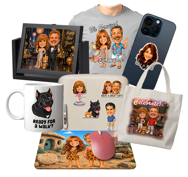 Examples of personalized caricatures used on gifts, clothing, keepsakes and promotional items
