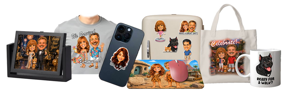 Examples of personalized caricatures used on gifts, clothing, keepsakes and promotional items