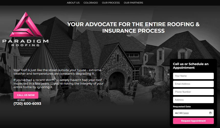 Paradigm Roofing website designed by Festive Faces