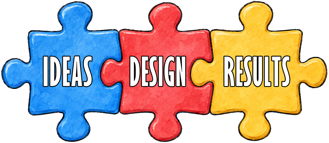 Ideas, Design and Results puzzle pieces